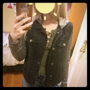 Dark wash denim jacket with cloth sleeves & hood